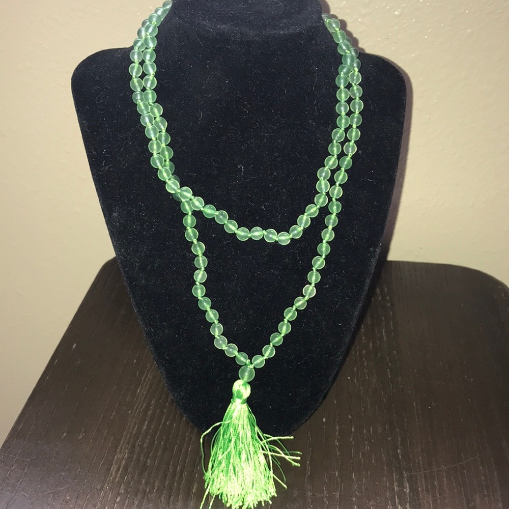 Green Glass Beaded Hand Knotted Tassel Necklace Meditation Mala Prayer Beads